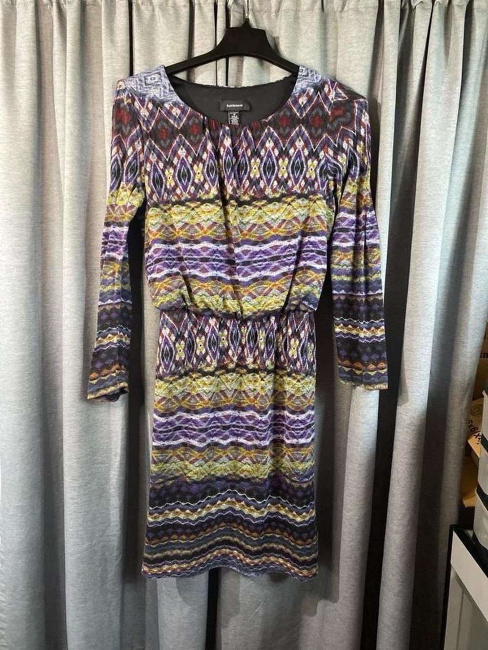R&M Richards Olive, Purple and Black Patterned Long Sleeve Dress - Picture 3 of 9